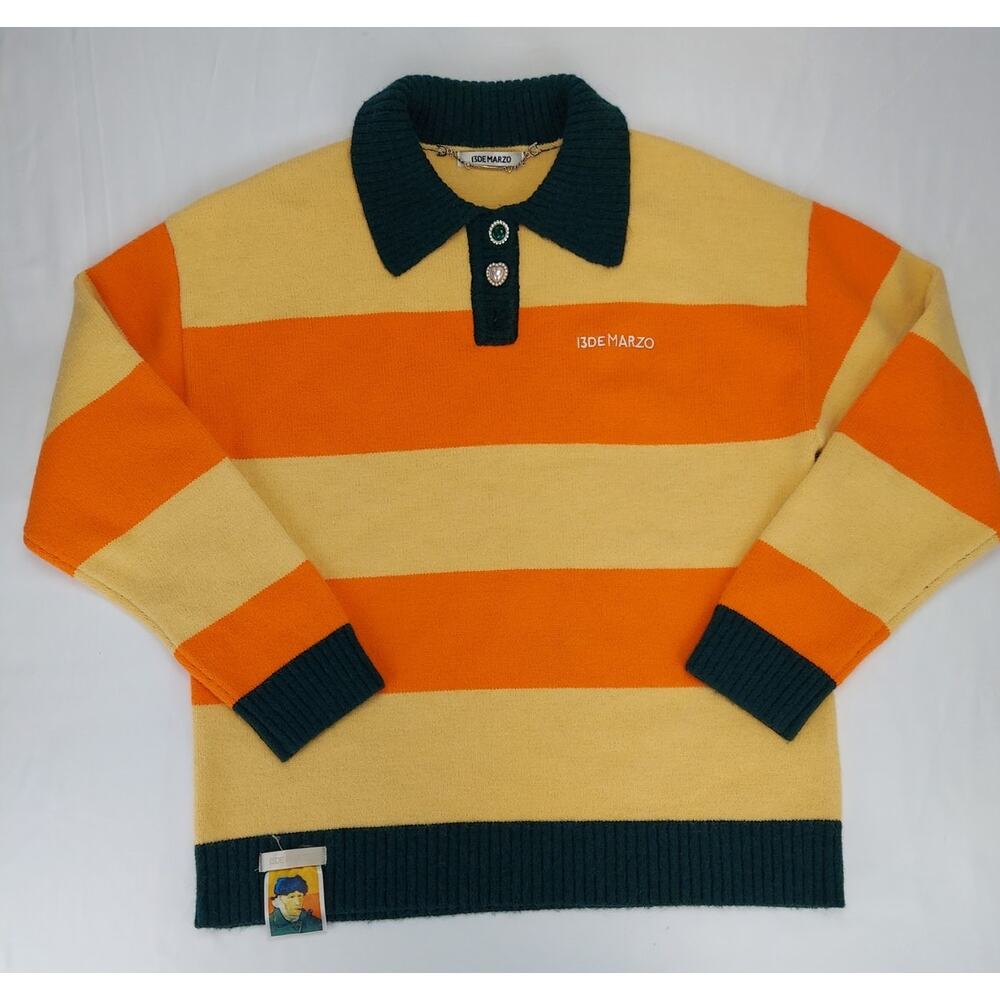 13De Marzo Academia Polo Striped Teddy Bear Sweater Embroidered Oversized M